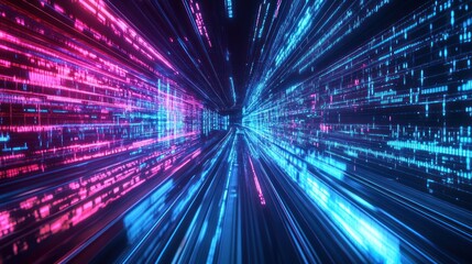 High speed data transfer through railway digital tunnel, with glowing binary code background and red arrow sign, representing fast network technology in blurred motion