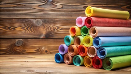 A stack of colorful paper rolls on a wooden background