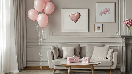 Elegant Living Room Decor with Pink Balloons and Heart Artwork - Concept of Modern Home Design, Minimalist Aesthetics, and Celebration Atmosphere. Valentine's Day