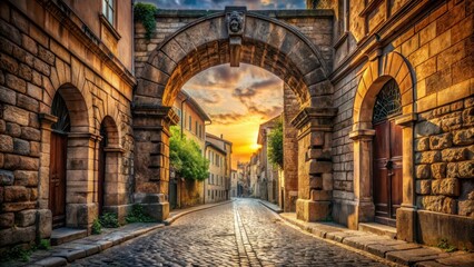 Ancient Roman Archway Over Cobblestone Street , ancient architecture