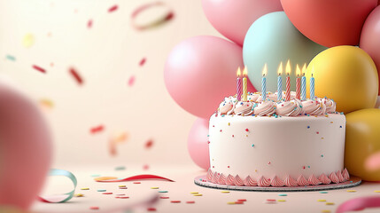 An image of a giant, whimsical cake with candles and balloons  - Generative AI
