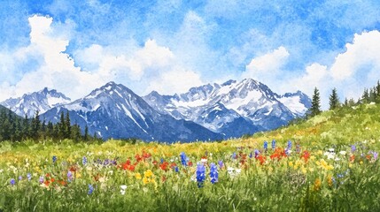 Fototapeta premium A field of flowers with mountains in the background