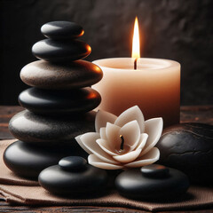 A pyramid of smooth stones, with a lit candle beside it, set on a rustic wooden table. Generative AI