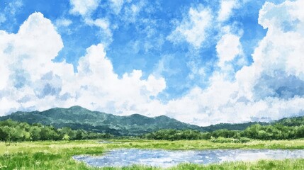A large body of water is in the foreground of a painting of a mountain range