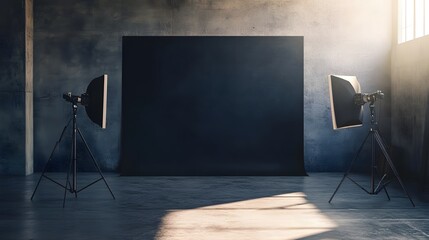 features a studio background with a black cement wall, creating a blank and empty room with an empty banner for potential customization