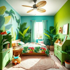 a lively and inviting bedroom that embraces a tropical theme. Wall Murals. Bed. Rug. Bookshelf. Seating Area. Ceiling Fan. Natural Light.