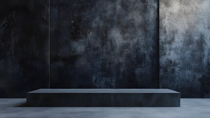 features a studio background with a black cement wall, creating a blank and empty room with an empty banner for potential customization