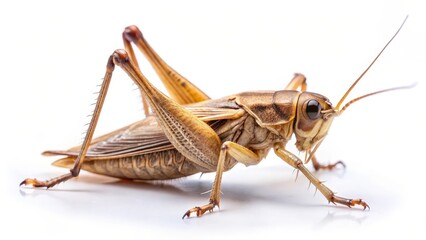 A serene cricket resting on a white background, with its wings slightly raised , fauna, crickets,  fauna, crickets