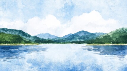 Fototapeta premium A painting of a lake with mountains in the background