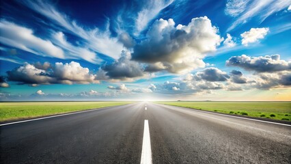 Fototapeta premium Asphalt road with a horizon, sky and clouds, wide panorama view, asphalt road, asphalt, asphalt road, asphalt