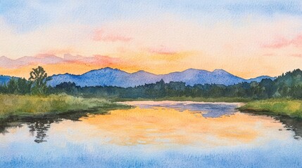 Fototapeta premium A painting of a lake with mountains in the background