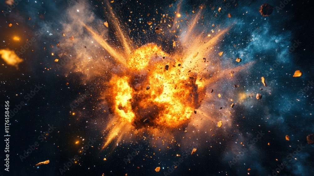 Poster spectacular explosion in space with fiery debris and cosmic background illustrating the power of cel