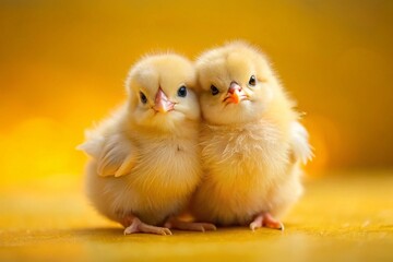 Adorable Baby Chicks Hugging, Happy Yellow Background, Tilt-Shift Photo