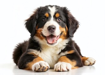 Adorable Bernese Mountain Dog Puppy, Smiling, Isolated on White Background - Night Photography