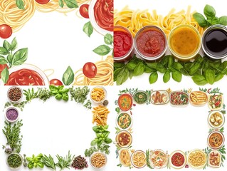 Four food frames with pasta, sauce, herbs.