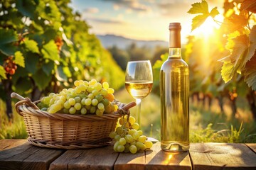 Fototapeta premium French Vineyard: Candid White Wine Bottle & Grapes Photo