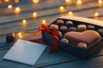 Heart-shaped chocolate box on wooden table with fairy lights