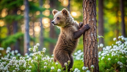 Obraz premium Adorable Brown Bear Cub Climbing Pine Tree in Summer Forest
