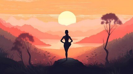 Woman Silhouetted Against Sunset Over Mountain Lake