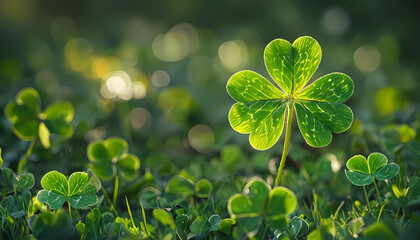 close-up view of a four-leaf clover plant illuminated by sunlight.