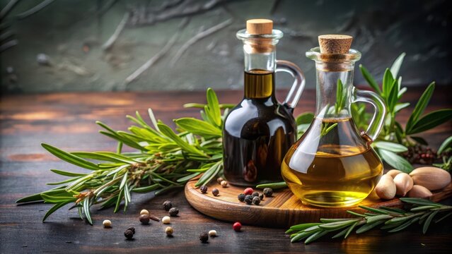 Olio di oliva e aceto di vino con rosmarino e salvia sul tavolo per un'inspirazione culinaria , rosemary