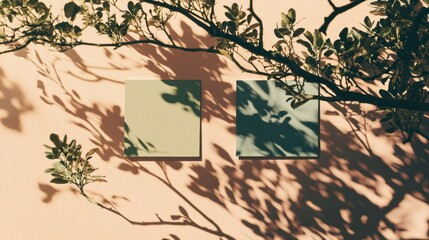 Two square cards with tree branch shadows on peach background.