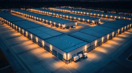 Naklejka premium Aerial view of illuminated warehouses at night, showcasing a structured layout with clear pathways and loading docks.