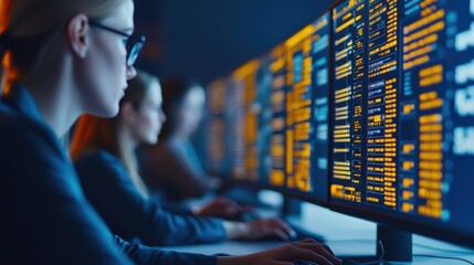 A focused individual works on multiple screens displaying lines of code, highlighting a tech-driven environment and collaborative programming.