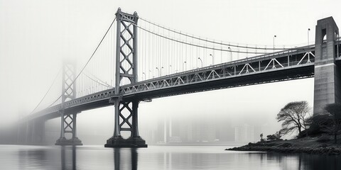 Fototapeta premium Foggy bridge cityscape, calm water, misty background; travel, landscape.