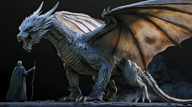 A majestic dragon and a lone wizard stand together