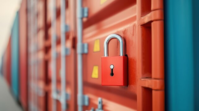 A close-up of a red padlock securing a shipping container, emphasizing safety and protection in storage.
