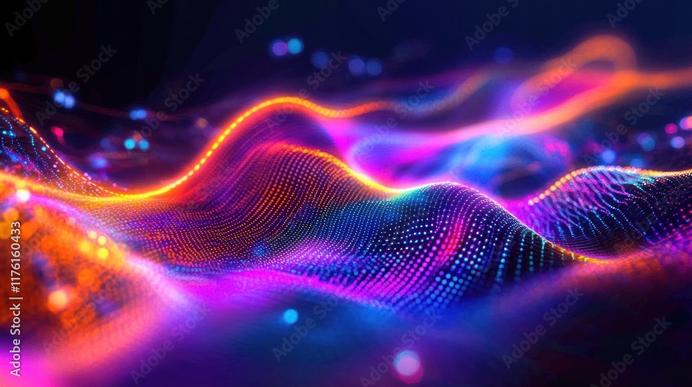 Poster vibrant abstract waves of light and color emitting from a digital network representing data flow and