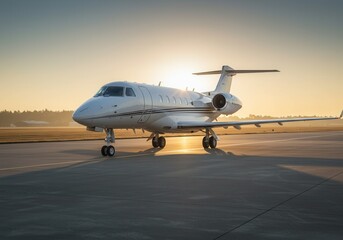 Fototapeta premium Private jet on runway at sunrise with elegant sunset lighting