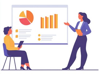 A professional presentation scene featuring a woman presenting data on a screen to a seated colleague, emphasizing teamwork and data analysis.