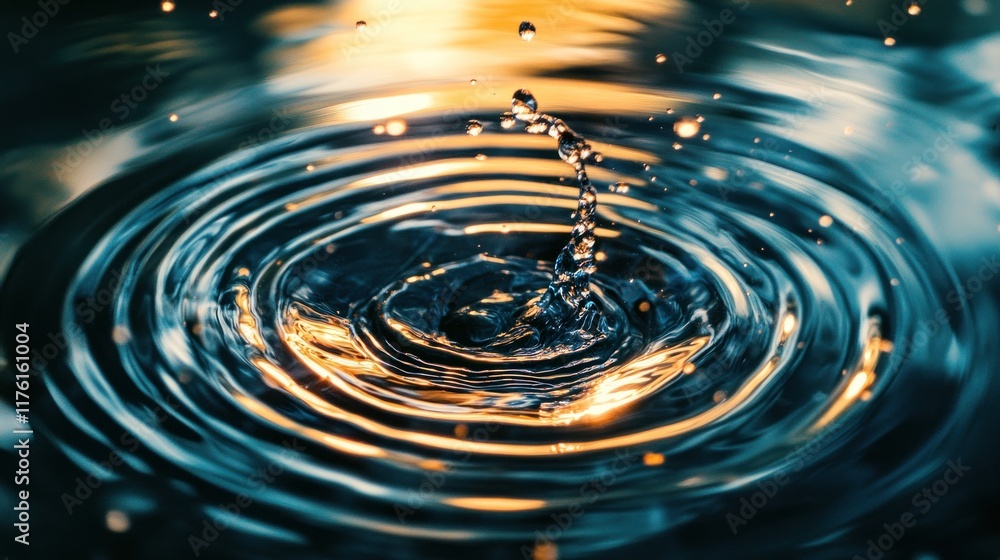 Poster water drop falling, creating concentric ripples and splashes.