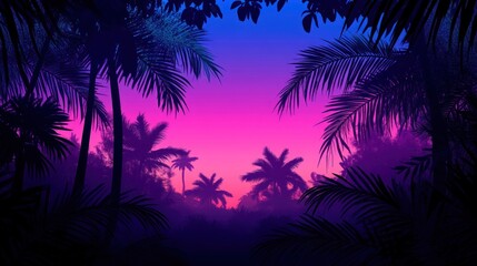 Obraz premium Vibrant sunset through tropical palm trees.