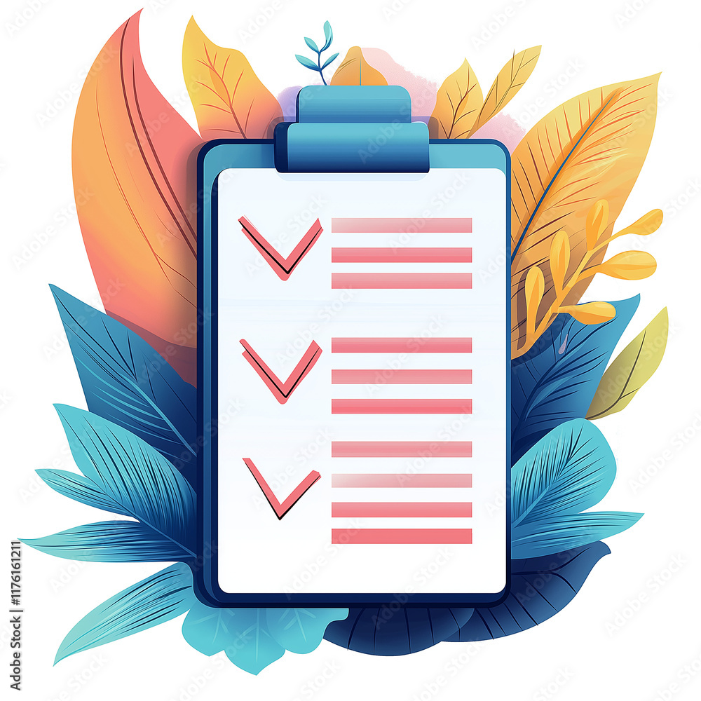 Poster clipboard showing check marks surrounded by colorful foliage on transparent background
