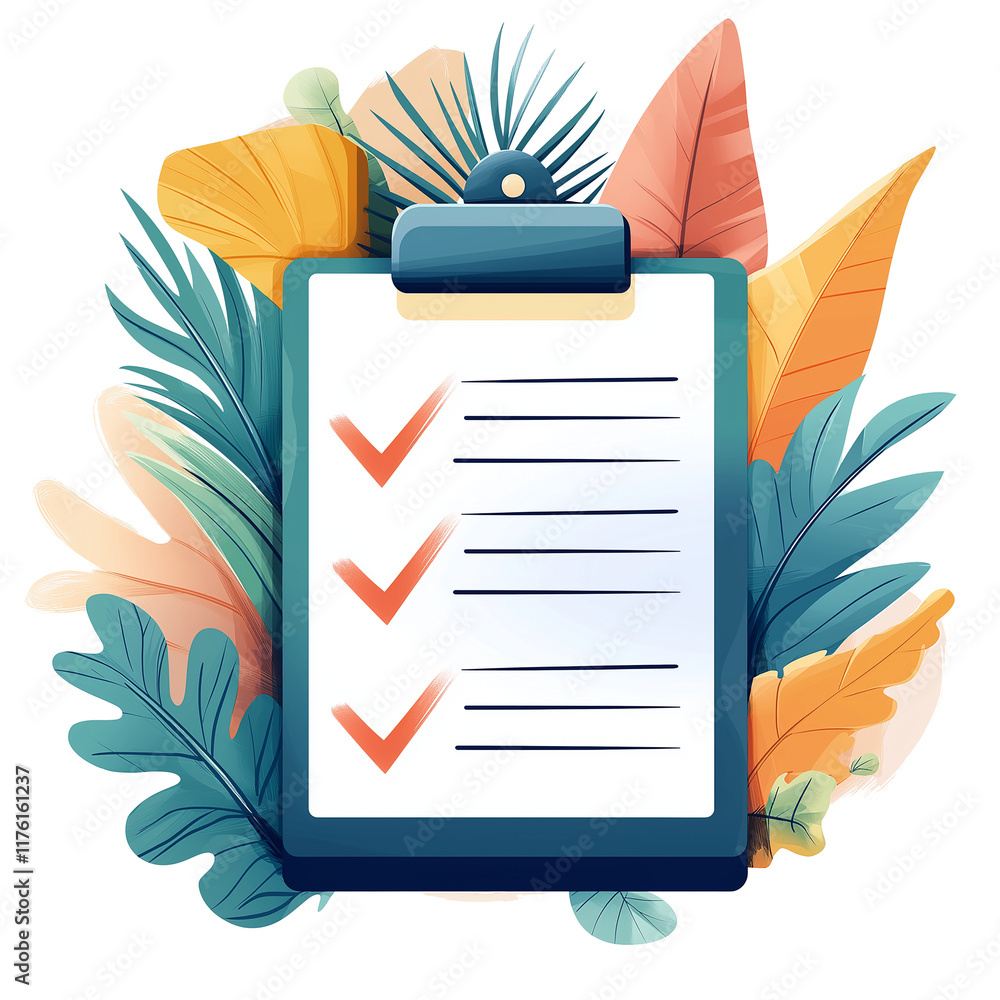 Poster clipboard showing check marks surrounded by colorful tropical leaves on transparent background