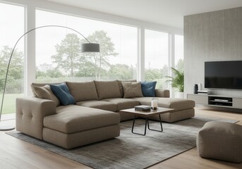 Modern minimalist living room with large windows and neutral sofa