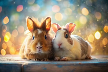 Obraz premium Adorable Guinea Pig and Rabbit Friends Napping Together Indoors - Double Exposure Stock Photo