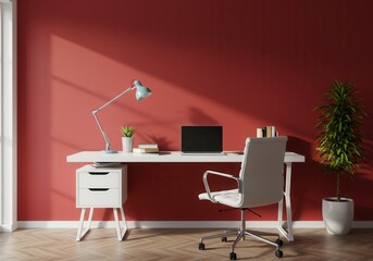 Fototapeta premium Modern minimalist workspace with red accent wall and natural light