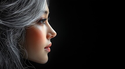 Fototapeta premium Woman's profile, silver hair, dark background, beauty portrait, website banner