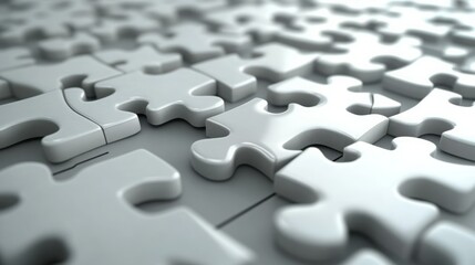 Close-up of white puzzle pieces fitting together, suggesting connection and collaboration.