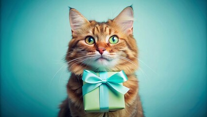 Adorable Kitten Holding Gift Box, Cute Cat with Present, Happy Pet, Smiling Feline, Blue Gift Box Green Bow