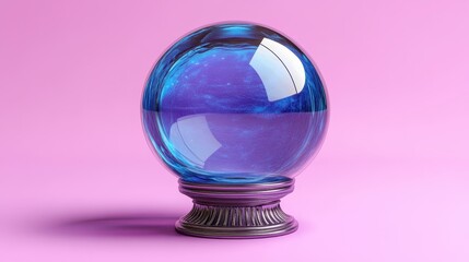 Crystal ball on stand, blue liquid inside, pink background.