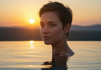 Fototapeta premium Serene woman in tranquil infinity pool at sunset
