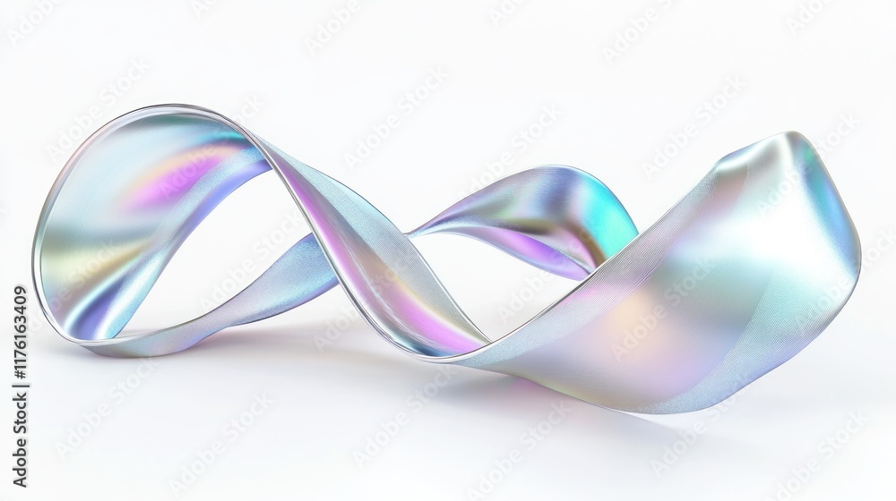 Poster elegant iridescent ribbon twisting across a bright white background, capturing light and color in a 