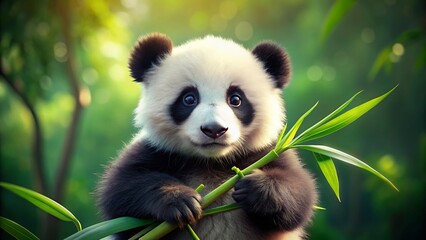 Adorable Panda Cub Holding Bamboo Shoot - Cute Wildlife Stock Photo