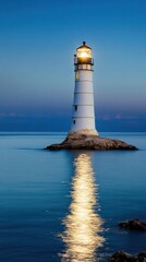 Fototapeta premium Majestic lighthouse standing tall on a rocky island surrounded by the calm reflective waters of the serene ocean The warm