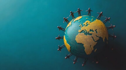 Fototapeta premium Global community. Small figures encircle a teal and gold globe, symbolizing unity and connection.